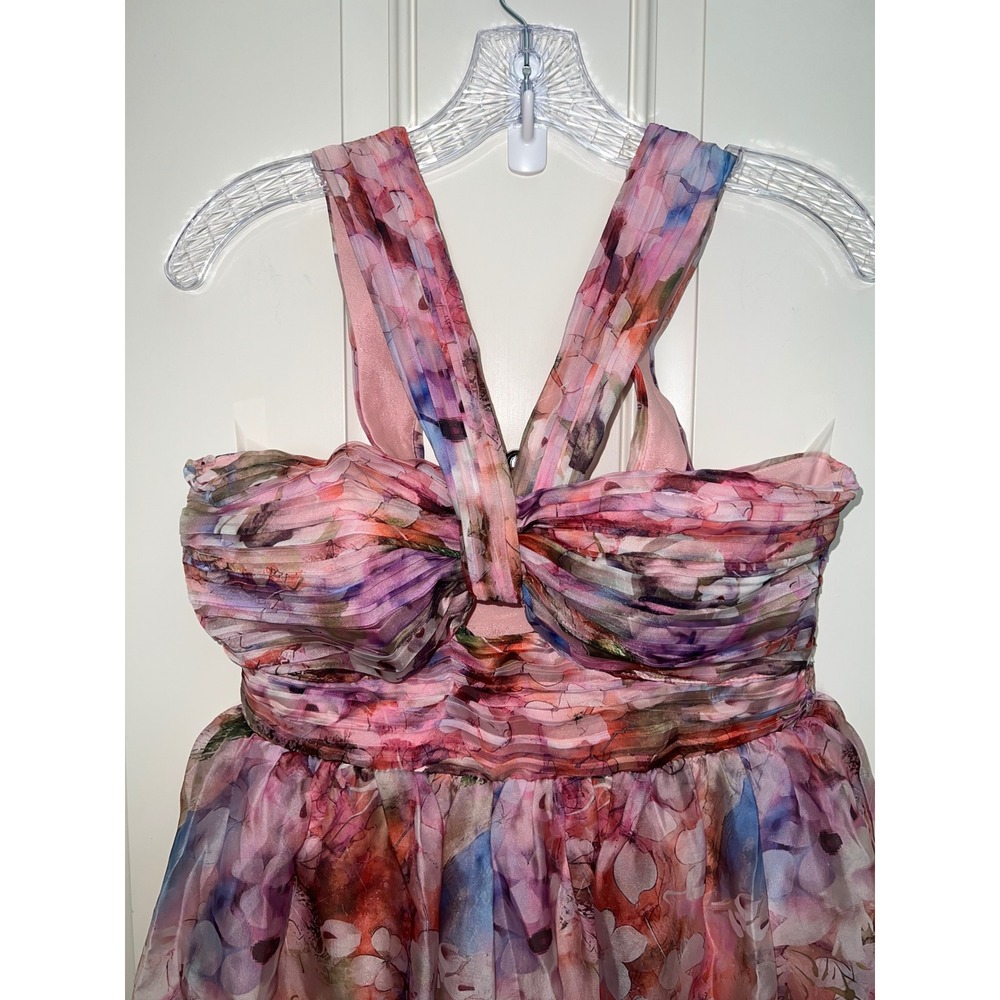 Lulus Dayanara Pink Multi Floral Fairycore Prom Tiered Maxi Dress Sz M - Picture 3 of 7